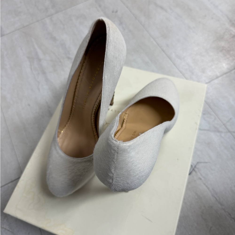 Charlotte Olympia Guinevere White Pony Hair Heels Size 39.5